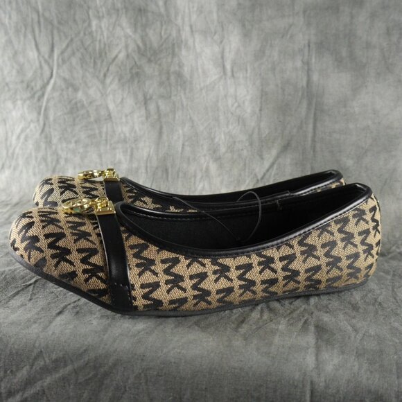 Michael Kors "Freeda" Tan/Black Monogram Ballet Flats Gold Metal Logo US 5  s304 - Picture 3 of 7